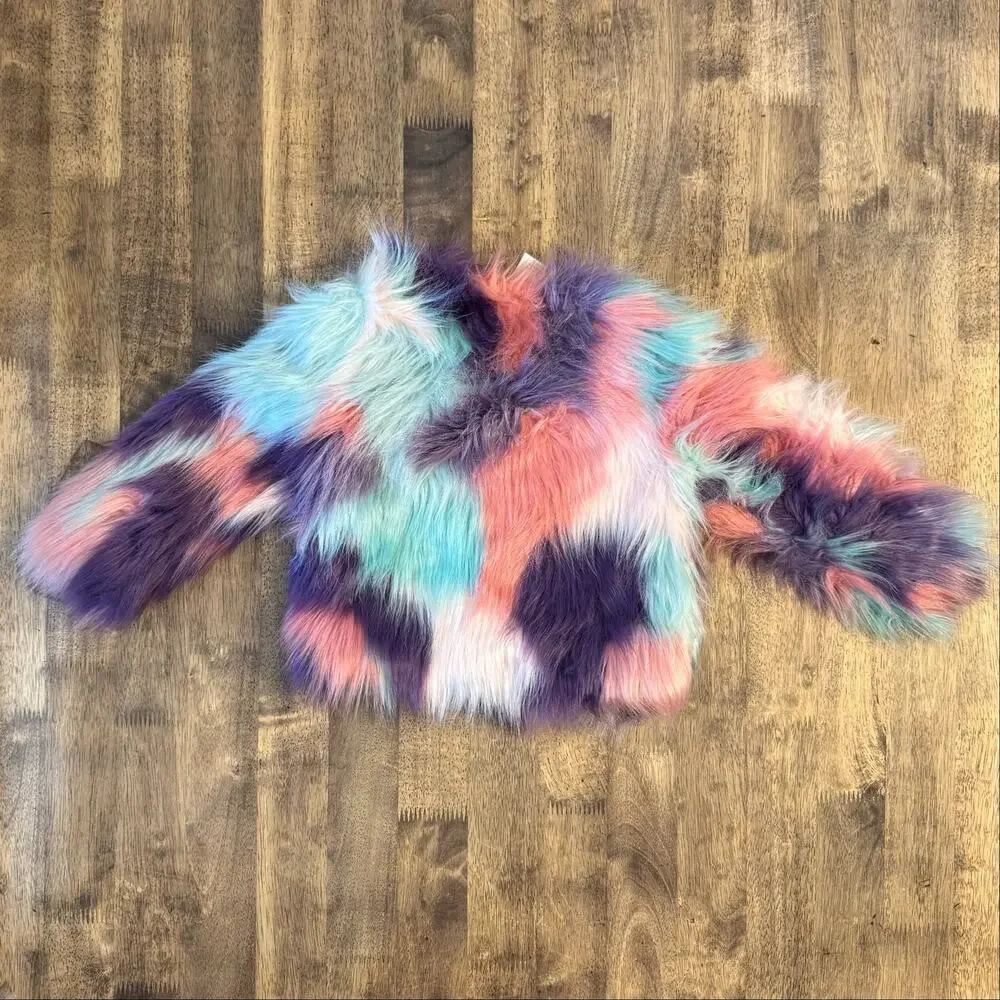 Disney Princess Faux Fur Jacket Cropped Colorful Pink Purple Teal Girls US 3